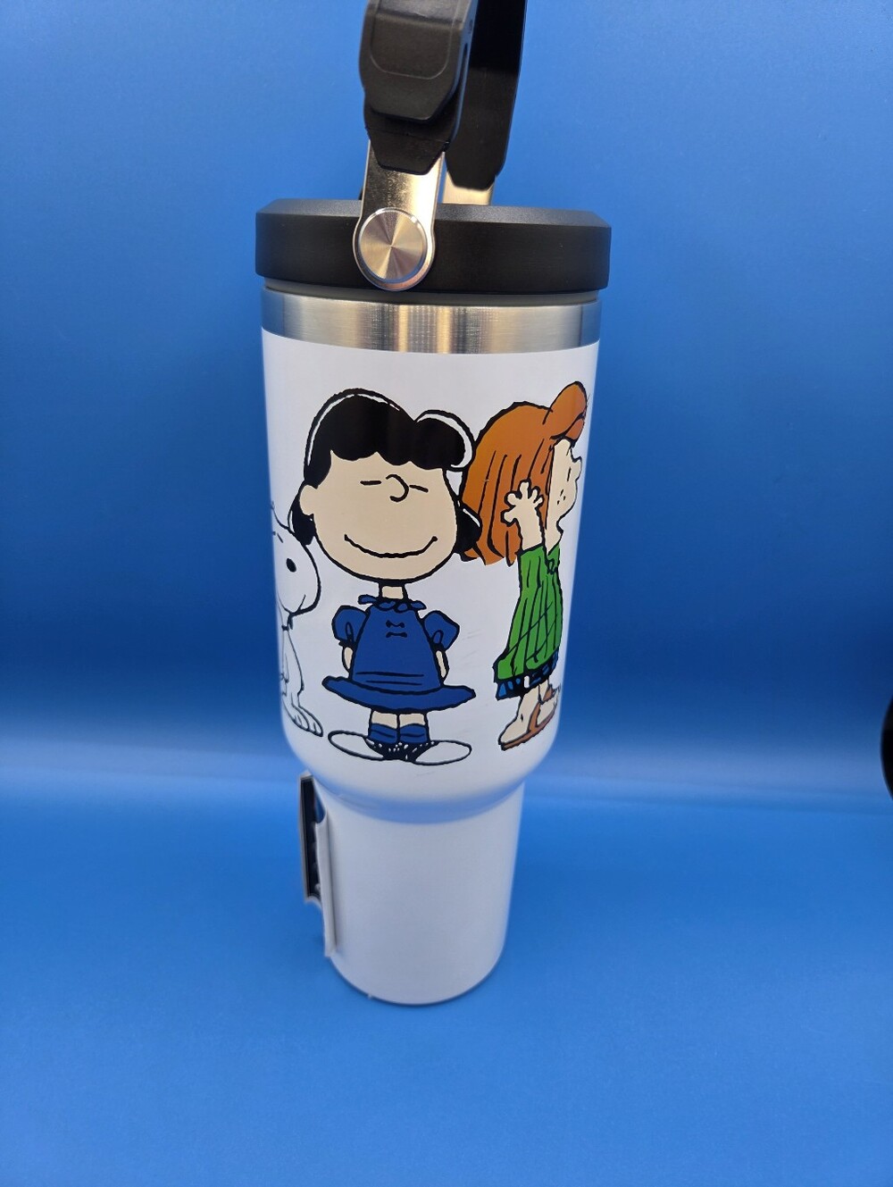 Kids White Cartoon Character Travel Tumbler with Black Lid and Handle